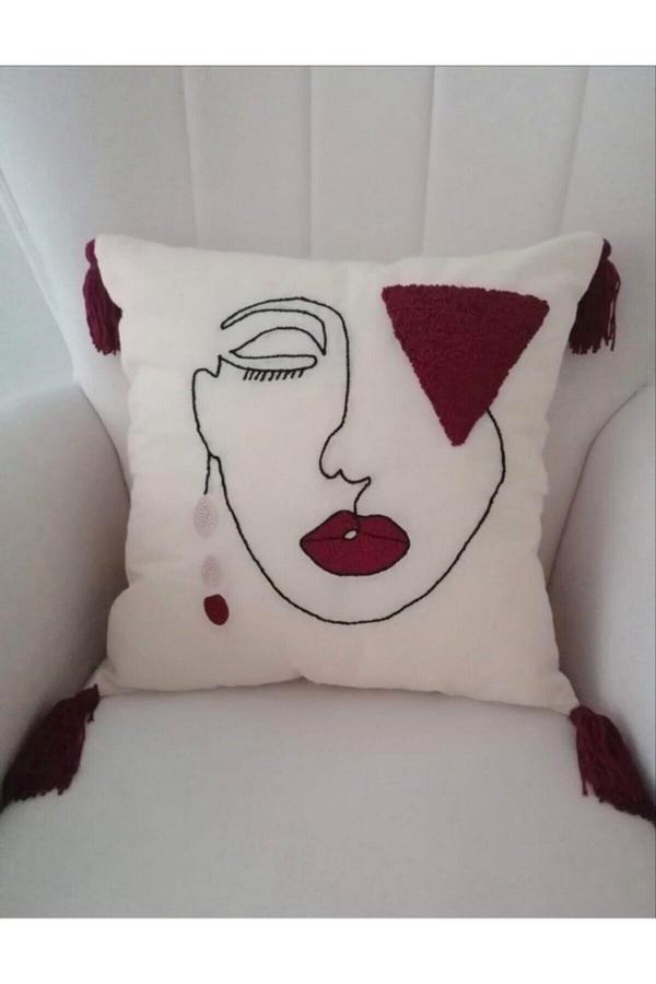 Saymine Kırlent Işleme El Yapımı Punch Işi Panç Dekoratif Yastık Kılıfı Ekru - Image 1