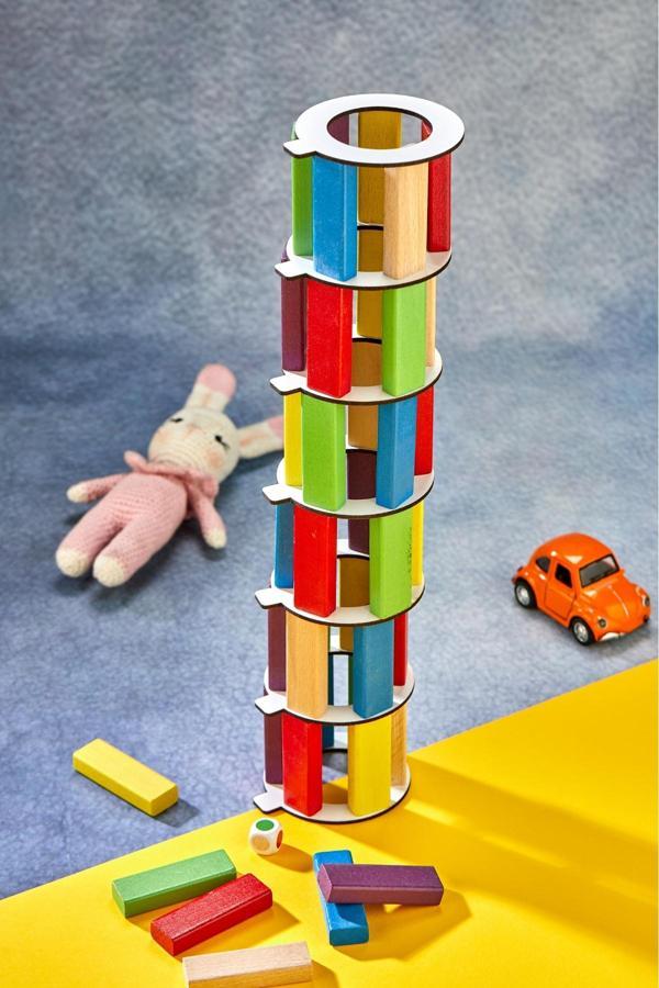 Totteriq Renkli Tower Plus Jenga Büyük Boy Doğal Ahşap Denge  Kule Oyunu Tower - Image 1