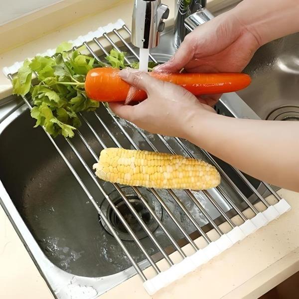 Evye Üstü Katlanır Nihale Paslanmaz Çelik Pratik Sebze Meyve Bulaşık Kurutma Süzgeci 47 x 23 Cm - Image 1