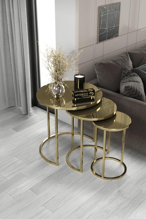 Home Plus Mobilya 3'Lü & Bohem Sehpa & Zigon Sehpa & Orta Sehpa & Modern Sehpa Takımı & Gold Ayak Bronz Ayna - Image 1