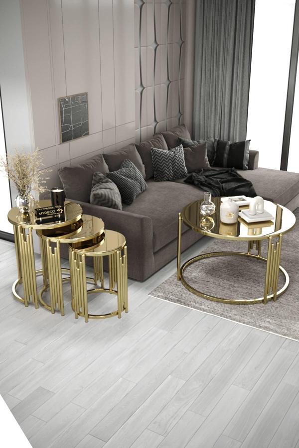 Home Plus Mobilya Piyano Set Gold Bronz Orta Sehpa Zigon Sehpa Takımı - Image 1