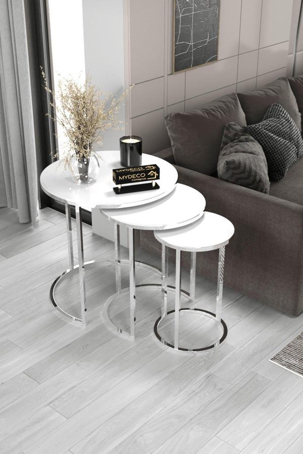 Home Plus Mobilya 3'Lü & Bohem Sehpa & Zigon Sehpa & Orta Sehpa & Modern Sehpa Takımı & Gümüş Ayak Beyaz Ayna - Image 1