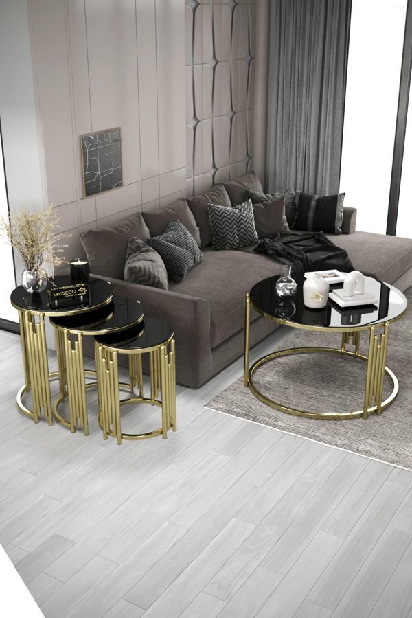 Home Plus Mobilya Piyano Set Gold Siyah Orta Sehpa Zigon Sehpa Takımı - Image 1