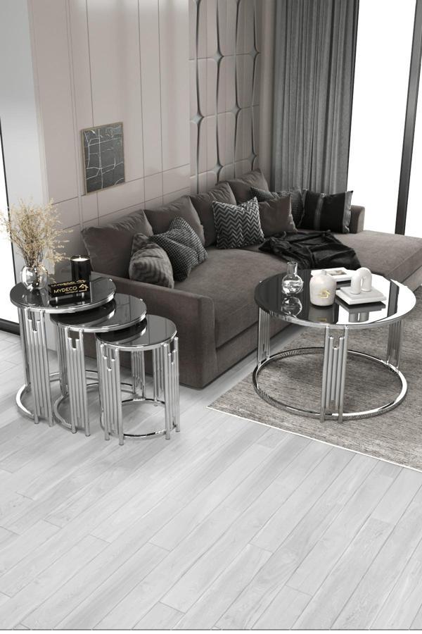 Home Plus Mobilya Piyano Set Gümüş Füme Orta Sehpa Zigon Sehpa Takımı - Image 1