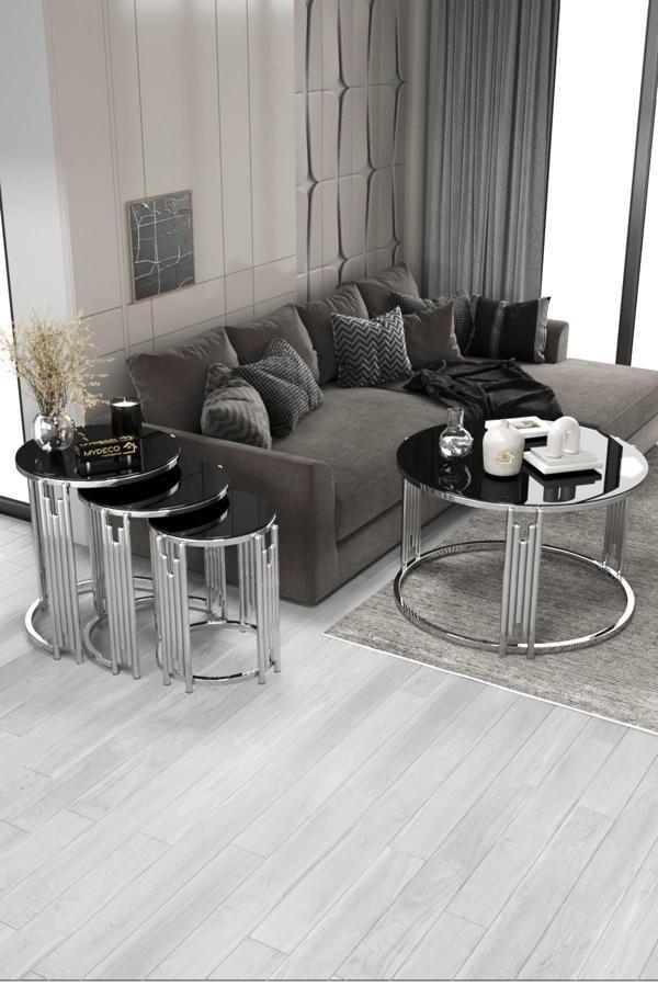 Home Plus Mobilya Piyano Set Gümüş Siyah Orta Sehpa Zigon Sehpa Takımı - Image 1