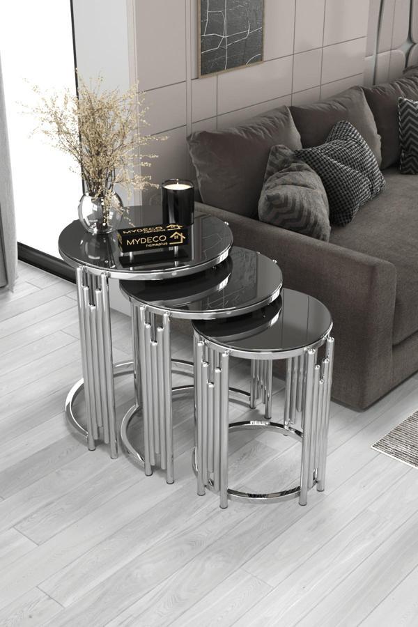 Home Plus Mobilya Zagros Piyano 3'Lü Zigon Sehpa Gümüş Ayak Füme Ayna - Image 1