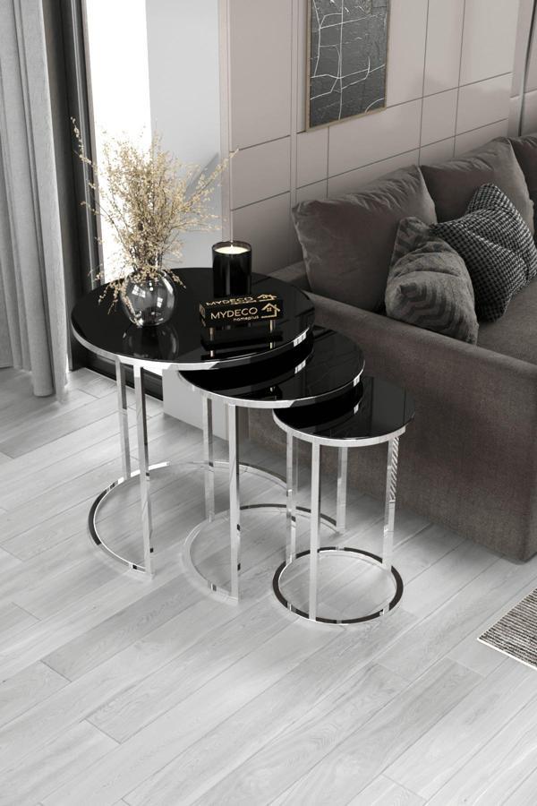 Home Plus Mobilya 3'Lü Gümüş Ayak Siyah Ayna & Bohem Sehpa & Zigon Sehpa & Orta Sehpa & Modern Sehpa Takımı & - Image 1