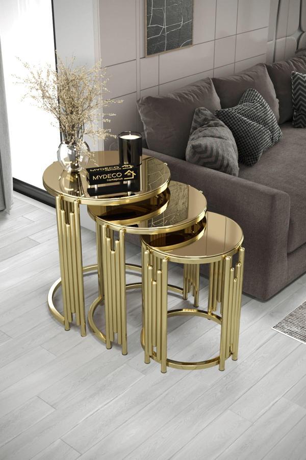 Home Plus Mobilya Everest Piyano 3'Lü Gold Bronz Zigon Sehpa Takımı - Image 1