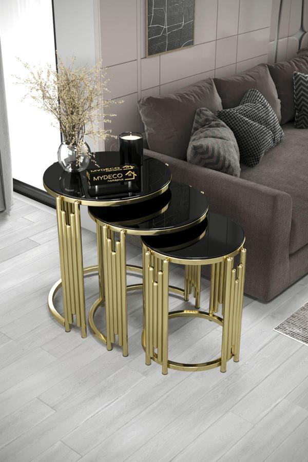 Home Plus Mobilya Himalaya Piyano 3'Lü Gold Siyah Zigon Sehpa Takımı - Image 1