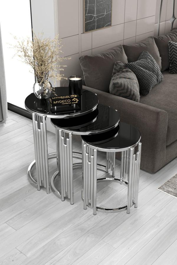 Home Plus Mobilya Olimpos Piyano 3'Lü Gümüş Siyah Zigon Sehpa Takımı - Image 1