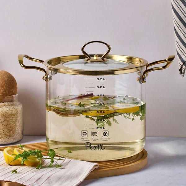 Perotti Logan Gold Kapaklı Cam Tencere 5,5 L 20x20 cm - Image 1