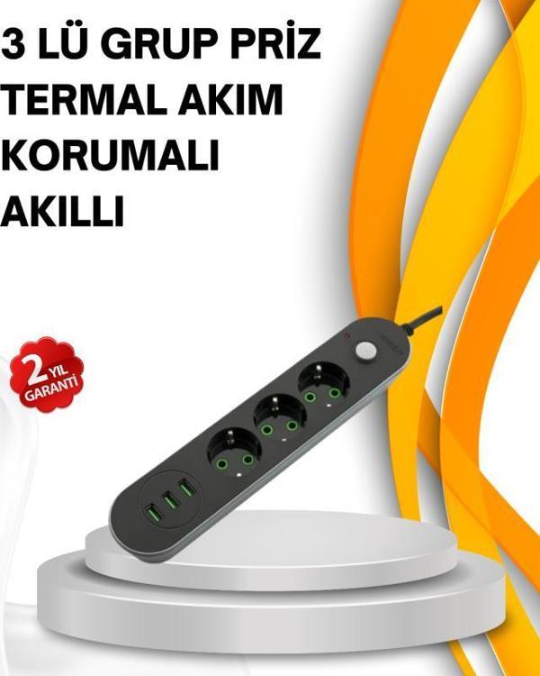 Hızlı Şarj Özellikli 3 USB Girişli Üçlü Priz - Image 1