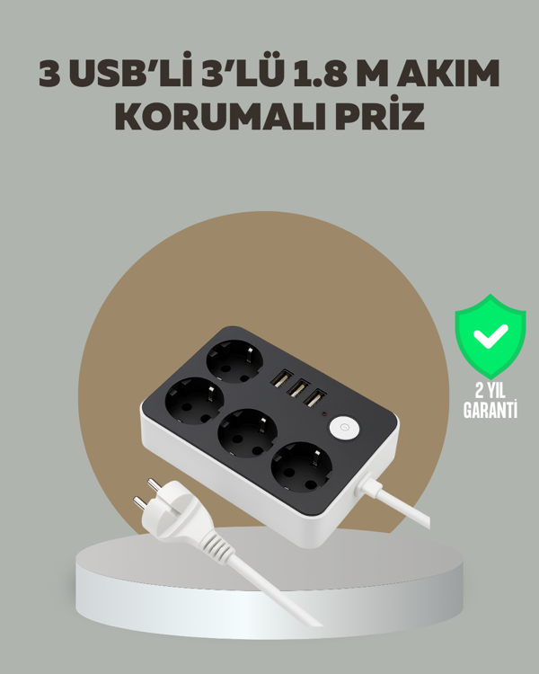 4 Prizli 3 USB Portlu Anahtarlı Akım Korumalı Priz - Image 1