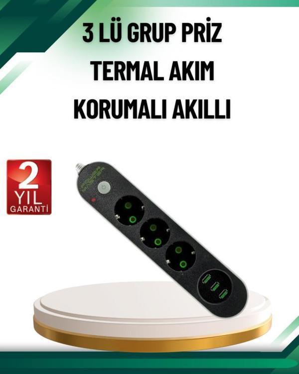 Akım Korumalı Anahtarlı USB Girişli Üçlü Priz - Image 1