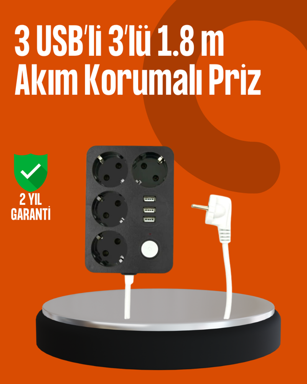 Akım Korumalı 3 USB Portlu 4’lü Priz 4.1A Hızlı Şarj - Image 1