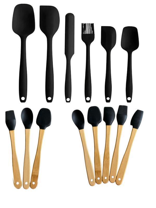 Mucit Home Siyah 14 Parça Silikon Ve Bambu Saplı Silikon Uçlu Spatula Fırçalı Kaşık Seti - Image 1