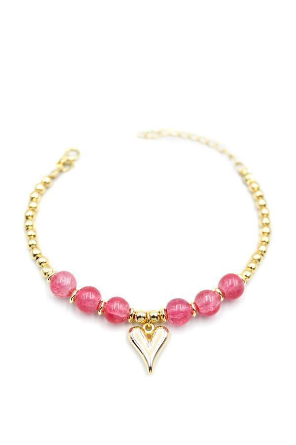 Boncuklu Kalp Bileklik - Pembe - Image 1