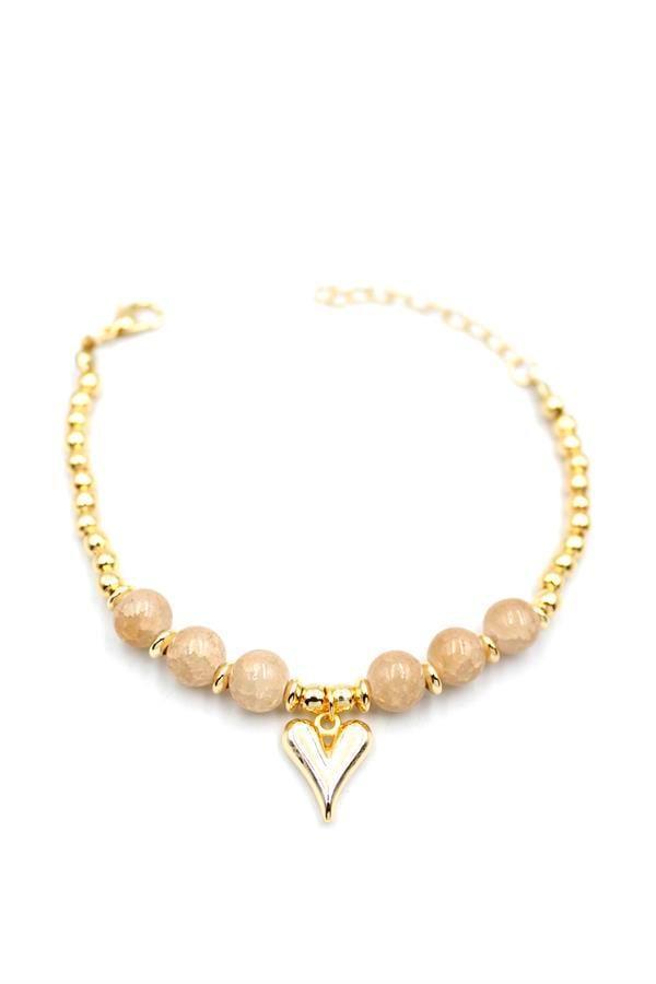 Boncuklu Kalp Bileklik - Krem - Image 1