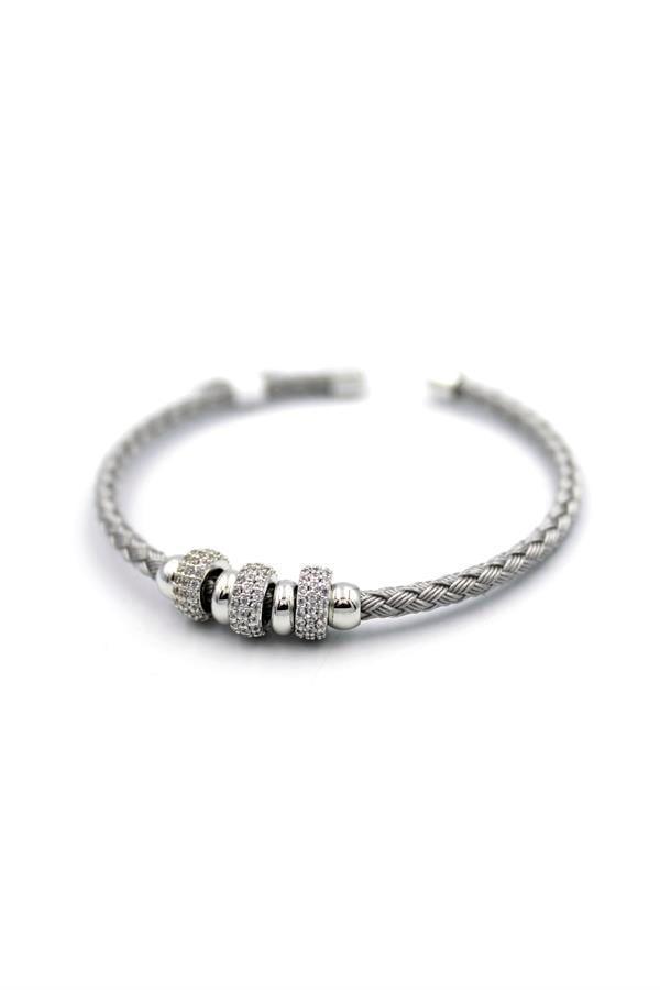 Taşlı Örgü Bilezik - Gümüş - Image 1