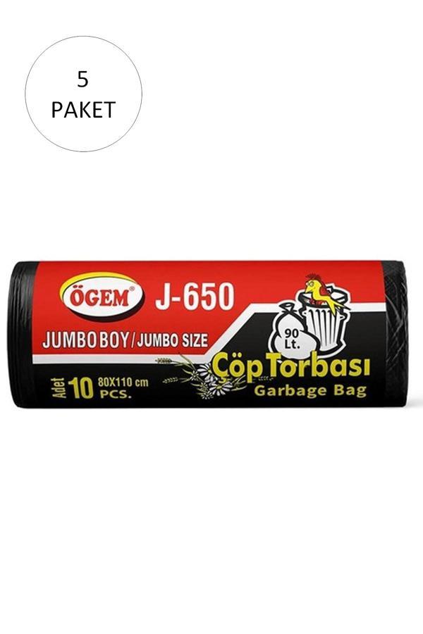 J-650 Jumbo Boy Çöp Torbası 80 x 110 cm 10 Lu Rulo x 5 Paket = 50 Adet (Siyah) - Image 1