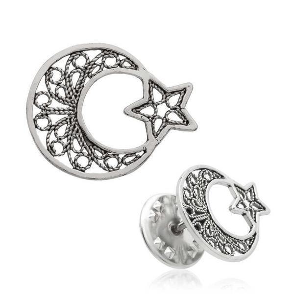 KENPAZAR 925 Ayar Gümüş Telkari Ay Yıldız Rozet - Image 1