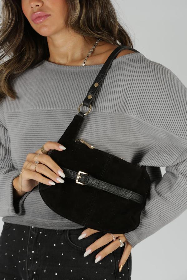 Siyah Süet Gold Toka Detaylı Slım Omuz Çantası - Image 1