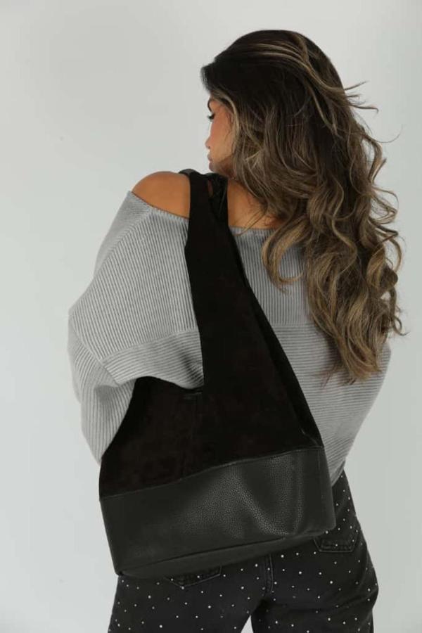 Siyah Süet Ek Portföylü Büyük Boy Omuz Çantası - Image 1