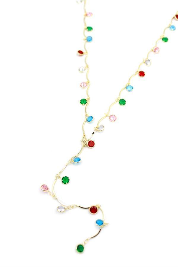 Renkli Taşlı Y Kolye - Altın - Image 1