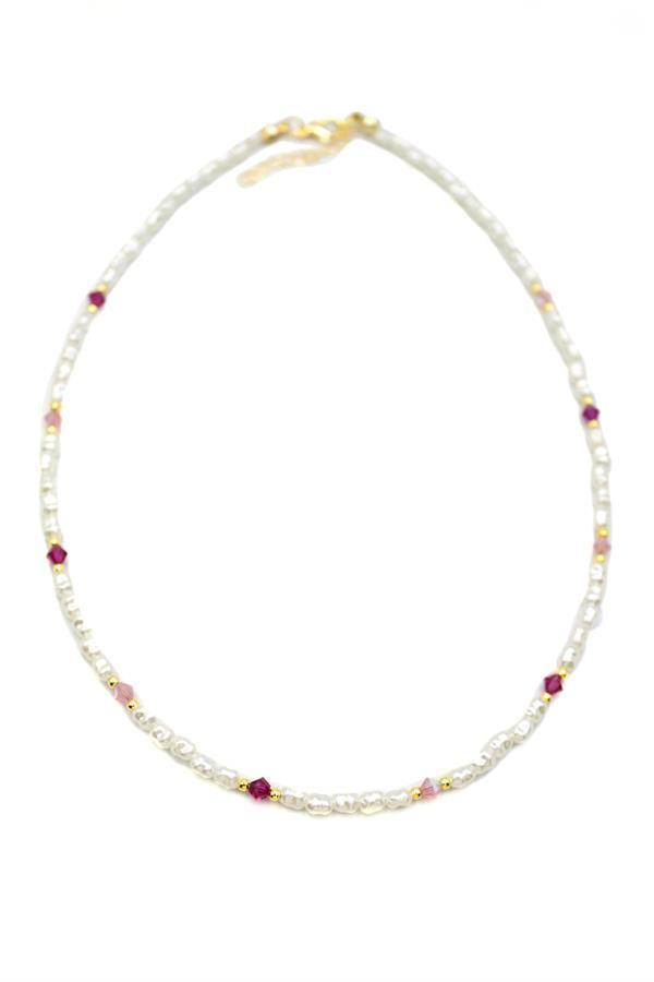 Renkli Boncuklu İnci Kolye - Fuşya - Image 1