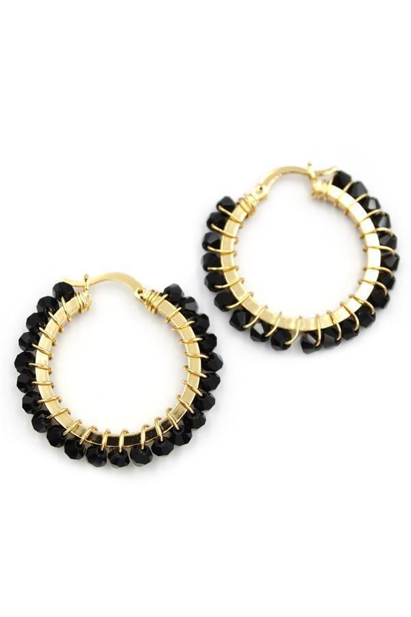 Kristal Boncuk Halka Küpe - Siyah - Image 1