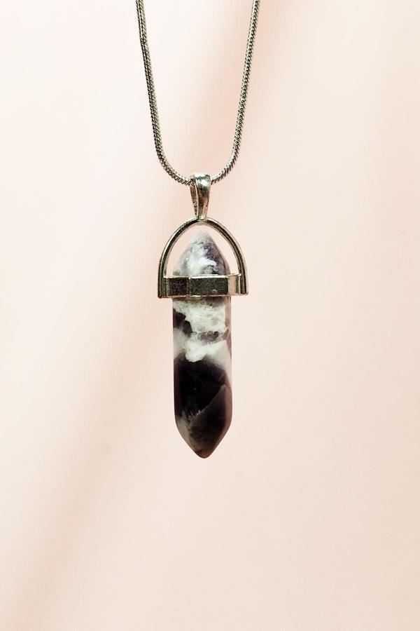 Ametist Doğal Taşı Zincirli El Yapımı Tasarımlı Kolye Uç: 3,5 cm Zincir: 20 cm Kutulu - Image 1