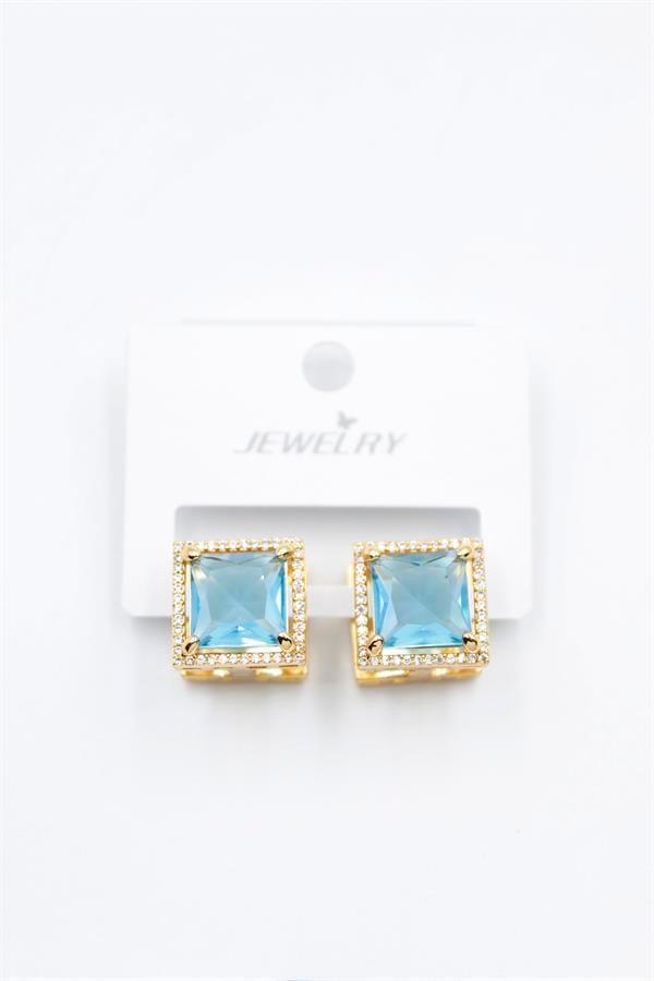 Kare Taşlı Küpe - Turkuaz - Image 1