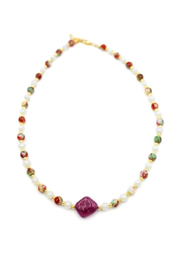 İncili Taşlı Kolye - Mor - Image 1