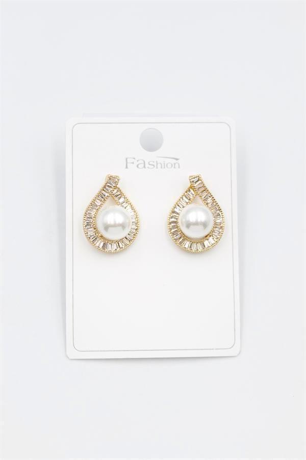 İncili Baget Taşlı Küpe - Altın - Image 1