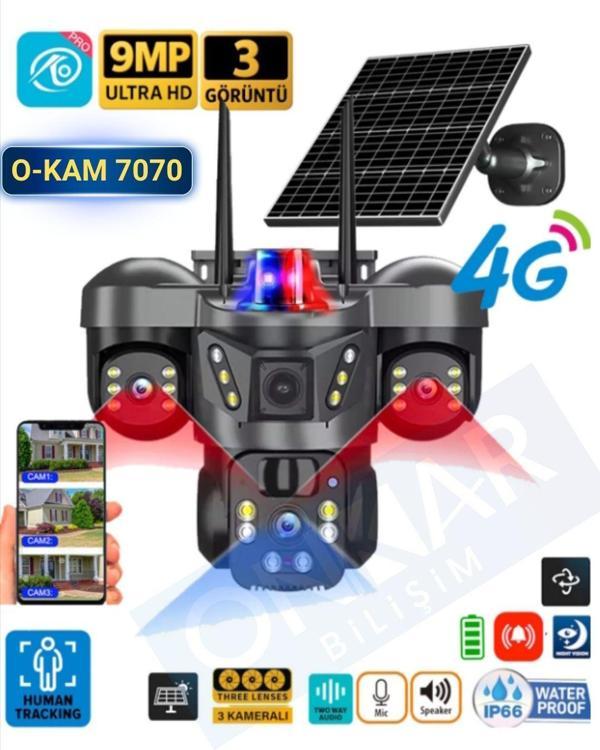 Okam 7070 Solar Güneş Enerjili 4G Sim Kartlı eSim Destekli 9MP 3 Lens Güvenlik Kamerası - Image 1