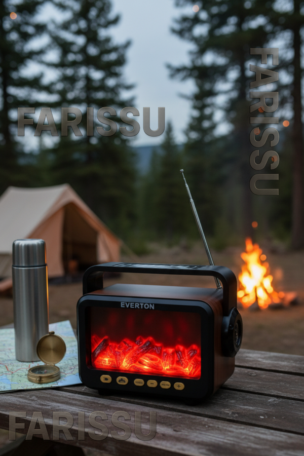 RT-734 Gerçek Eskitme Görünümlü Şömine Efektli Nostaljik Radyo | Güneş Enerjili, Bluetooth'lu, Fenerli - Image 1