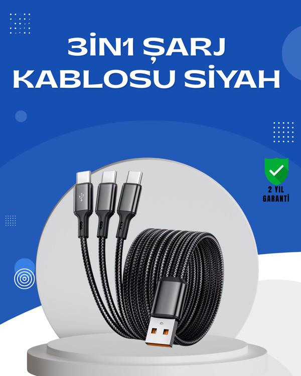 Evrensel 3 Başlıklı Şarj Kablosu – iPhone Huawei Samsung İçin - Image 1