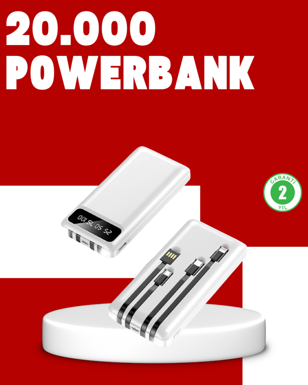 20.000mAh PD Powerbank LED Işık LCD Ekran Dahili Kablo Çoklu Giriş - Image 1