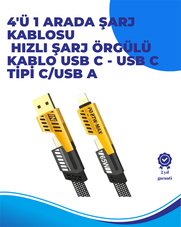 65W 4'ü 1 Arada Çoklu Şarj Kablosu – USB-C, USB-A, Lightning, Veri ve Şarj Desteği - Image 1