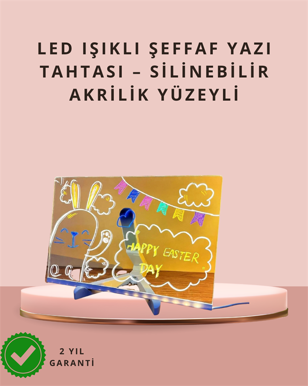 LED Işıklı Şeffaf Yazı Tahtası – Neon Etkili Akrilik Pano, Silinebilir, 7 Renkli Kalemli, 30x20 cm - Image 1