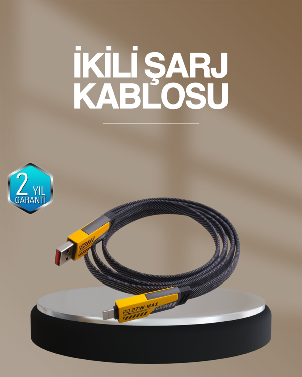 Hızlı Şarj Destekli 65W Örgülü USB-C ve USB-A Çoklu Şarj Kablosu - Image 1
