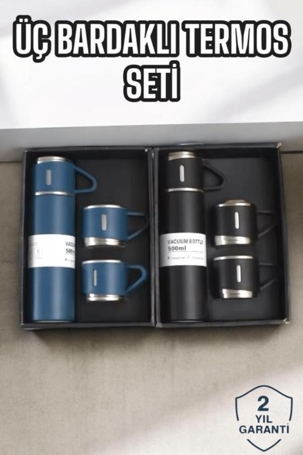 Şık ve Dayanıklı 3 Bardaklı Termos Seti Uzun Süre Isı Koruma Özellikli - Image 1