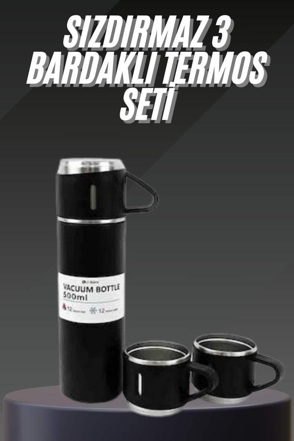 Termos Seti Paslanmaz Çelik 3 Bardaklı Vakumlu Termos Set 500 Ml 12 Saate Kadar Isı Koruma - Image 1