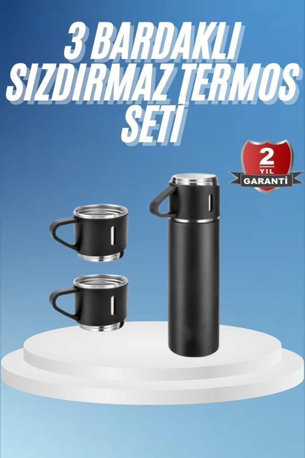 Termos Paslanmaz Çelik Termos Siyah Renk 3 Bardaklı Termos Seti - Image 1
