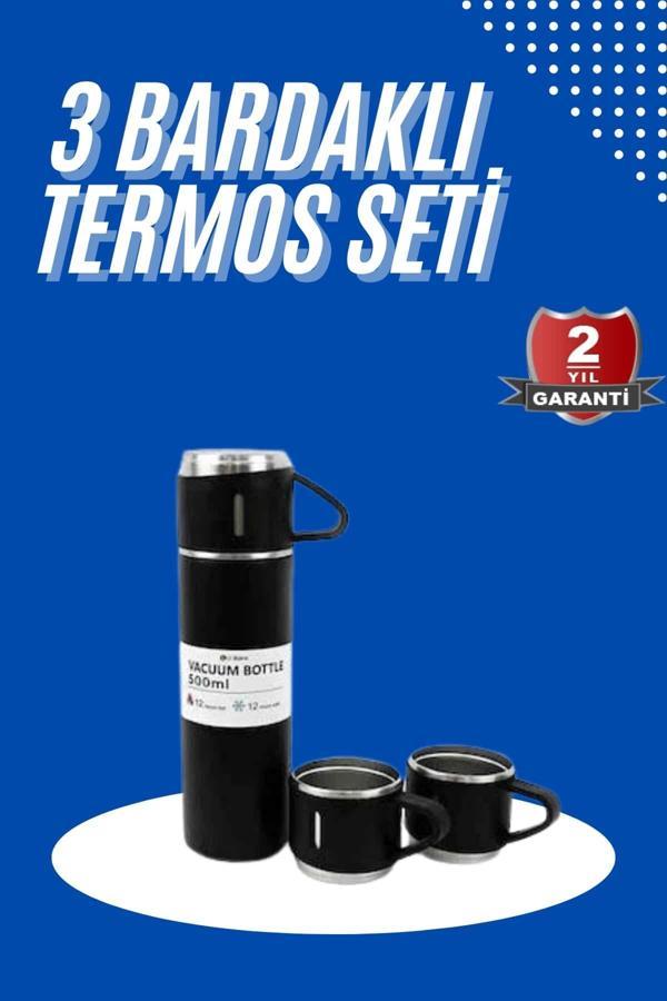 Termos Seti 3'lü Bardak Seti Isı Dayanıklı Siyah Paslanmaz Çelik Vakumlu - Image 1