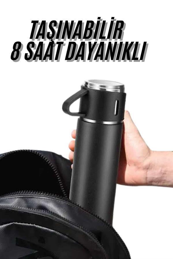 Termos Seti 3'lü Bardak Seti Isı Dayanıklı Siyah Paslanmaz Çelik Vakumlu - Image 1