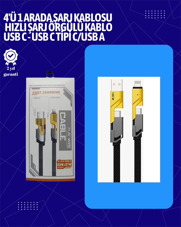 USB-C ve Lightning Uyumlu 4'ü 1 Arada Kablo – 65W Hızlı Şarj, Örgülü Dayanıklı Yapı - Image 1