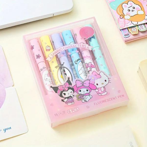 6'lı Fosforlu Kalem Seti - Sanrio Karakterleri, Kuromi, Hello Kitty  - Image 1
