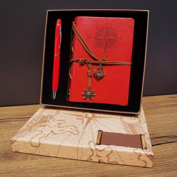 Kırmızı Pusula Tasarım Deri Defter Ve Touchpen Kalem Seti  - Image 1