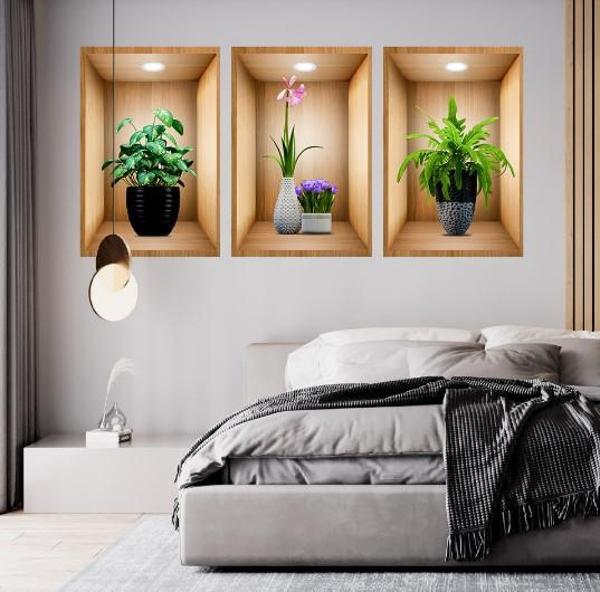 3D Çiçek Vazo Duvar Sticker 3 lü Set Kahverengi Fon (5250) - Image 1